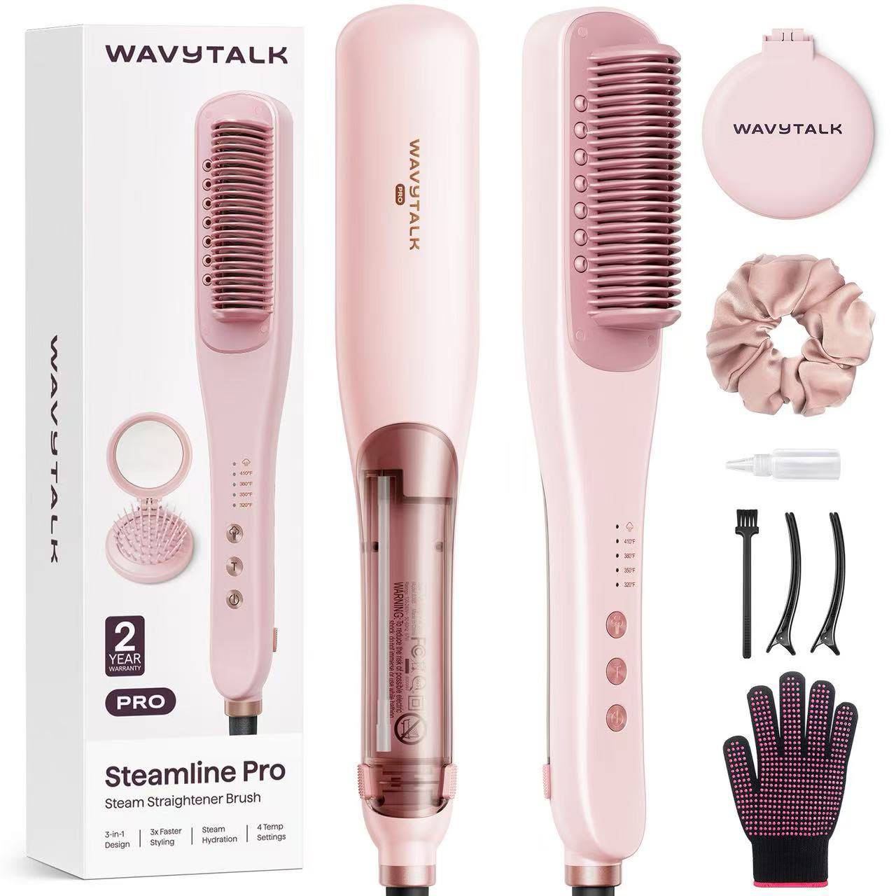 Brosse Lissante Vapeur Professionnelle Wavytalk Pro, La Vapeur Réduit les Dommages et Accélère le Lissage, Rose